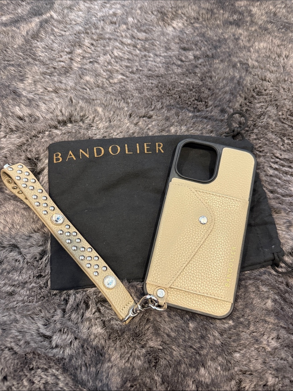 Bandolier Gray Leather Phone Case with Studded Wristlet Strap